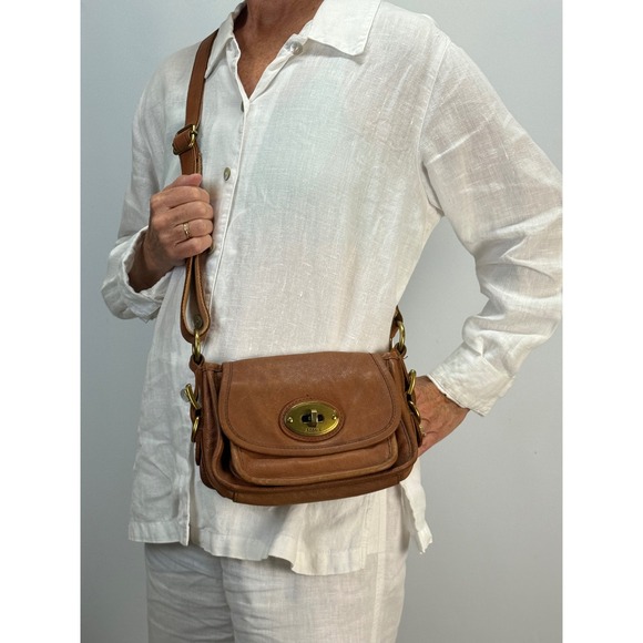 Fossil Handbags - Fossil Brown Leather Long Live Vintage Crossbody Turnlock Messenger Small Bag